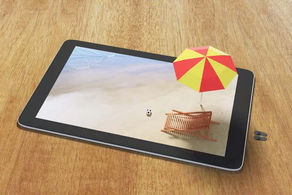 Online hotel booking concept with digital tablet, sunbed and umb