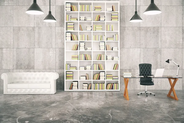 Loft interior with a library and a work desk and a white leather