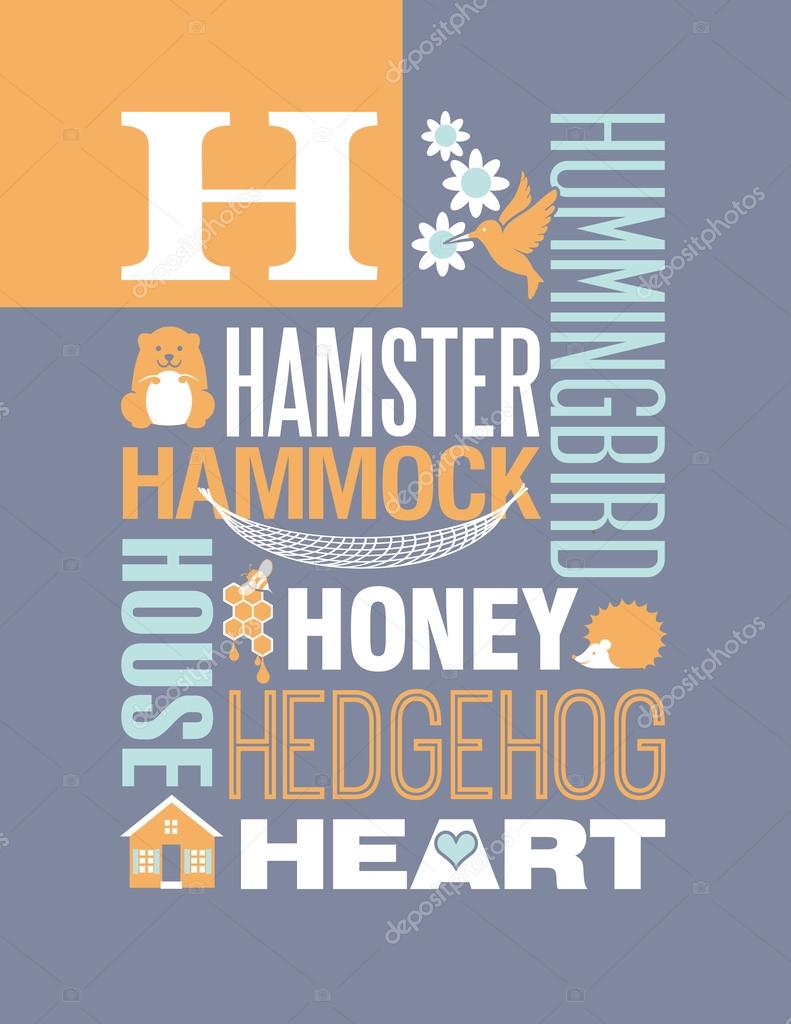 Illustrated vocabulary words typography design with the letter H part of a series \u2013 ストックイラストレーション