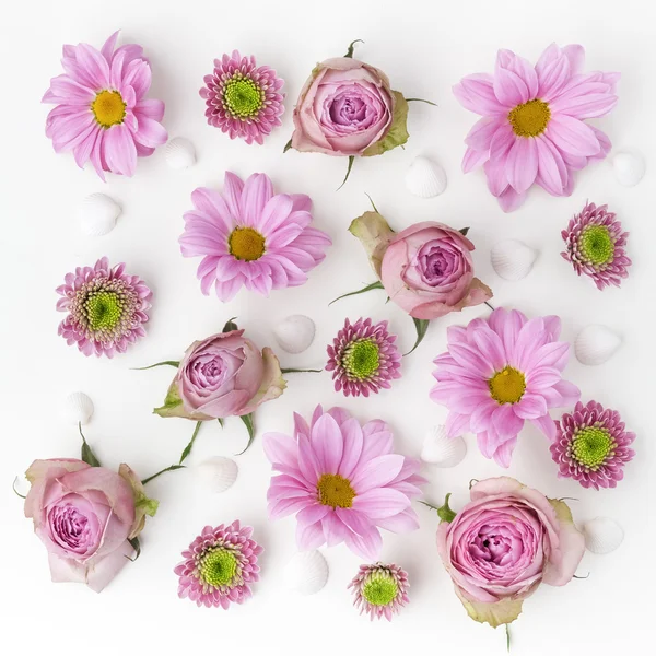 Wallpaper, texture. Pink flowers on white background. Flat lay, top view