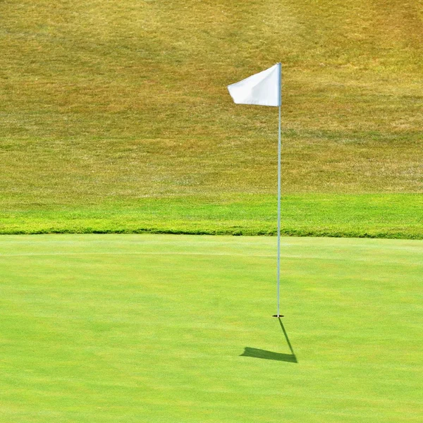 Nice golf course on a sunny summer day. Hole with a flag. Popular outdoor sport.