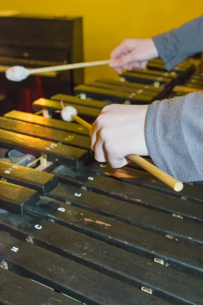 Hands of musician playing the xylophone