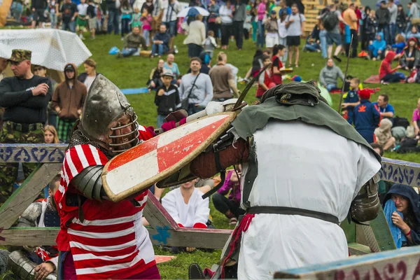 Participants of the festival in knight armor arrange fights
