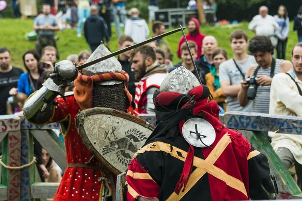 Participants of the festival in knight armor arrange fights