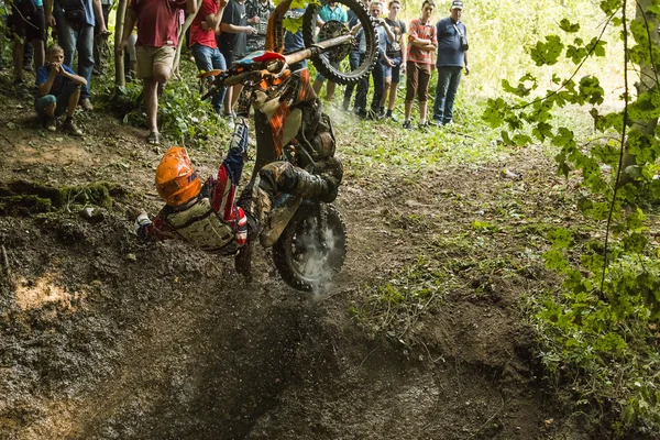 Unknown rider falls at overcoming the track in the woods