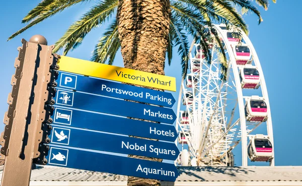 Urban sign at Victoria Wharf in Cape Town waterfront next to common palm and ferris wheel - Modern city in South Africa