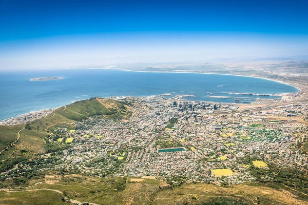 Aerial view of Cape Town skyline from lookout viewpoint - South Africa city tour - Trip excursion to panoramic view at modern seven nature wonder Table Mountain