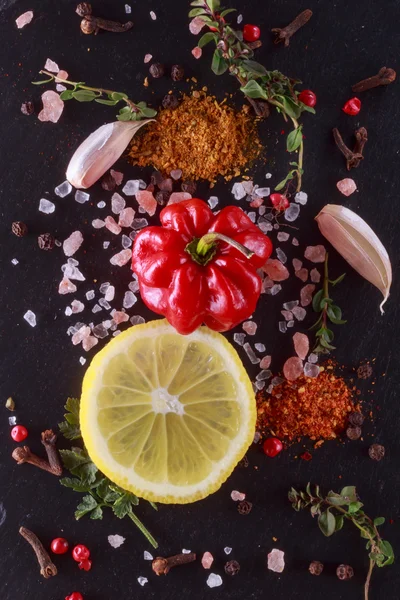 Red pepper salad, half a lemon in a cut, pink Himalayan salt, garlic, spices, red pepper, black stone. view from above . Still life of spices in a low key