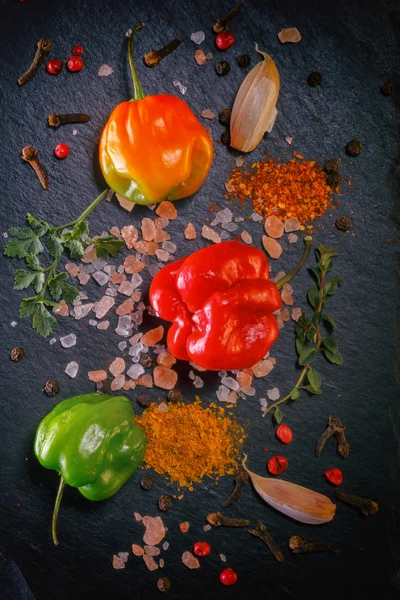 Fresh peppers of different colors with pink salt, garlic, ground spices, dill, parsley, thyme on the stone. burning spices. Background  view from above. picture with vintage processing in low key