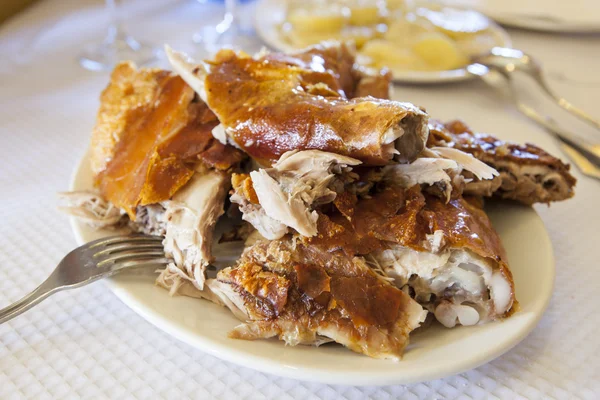 Plate of roasted Pork cut in pieces with skin