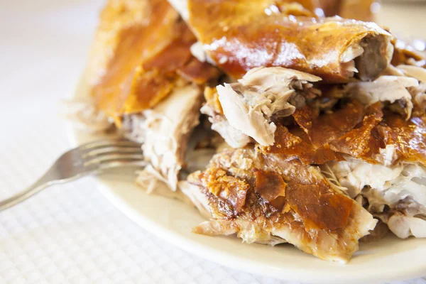 Plate of roasted Pork cut in pieces with skin