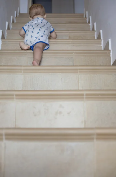 Baby boy crawling up the stairs