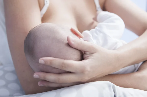 Mother holds her baby head while he is breastfed