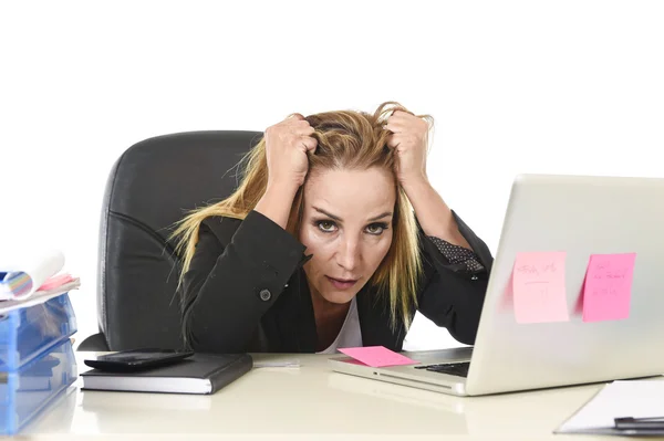 Worried attractive businesswoman in stress working with laptop c