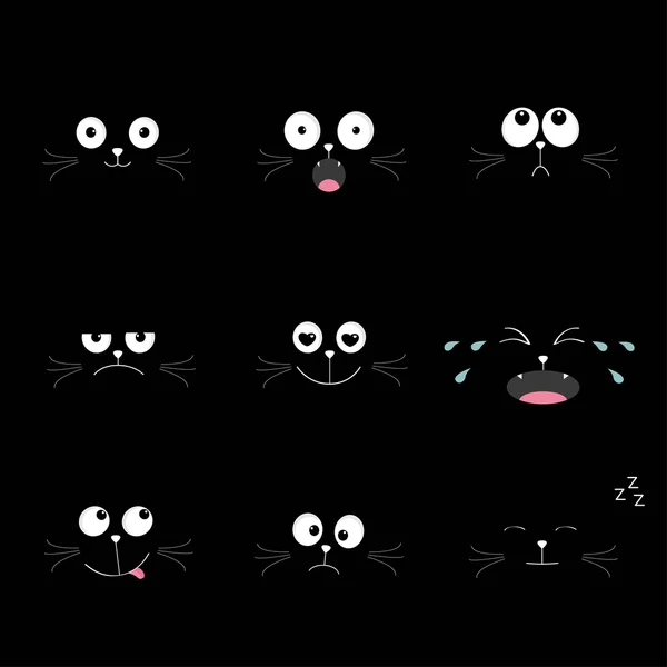 Cute black cat head set. Funny cartoon characters.
