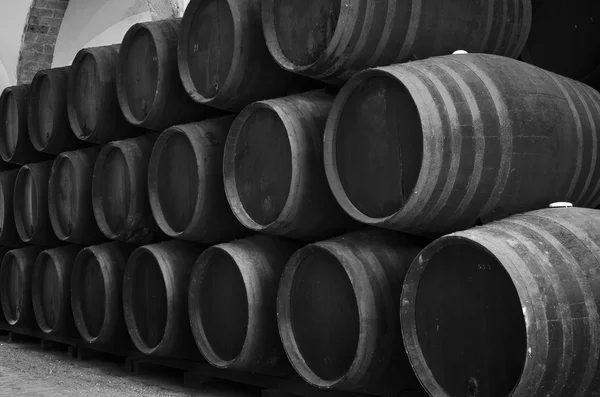 Barrels stacked in the winery in black and white