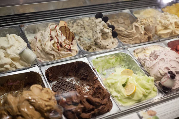 Different flavors of ice cream displayed at Ice Cream parlor, Barcelona, Catalonia, Spain