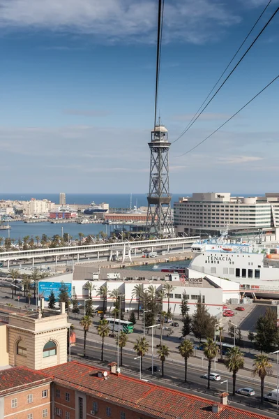 View of World trade center from overhead cable car, Barcelona, Catalonia, Spain
