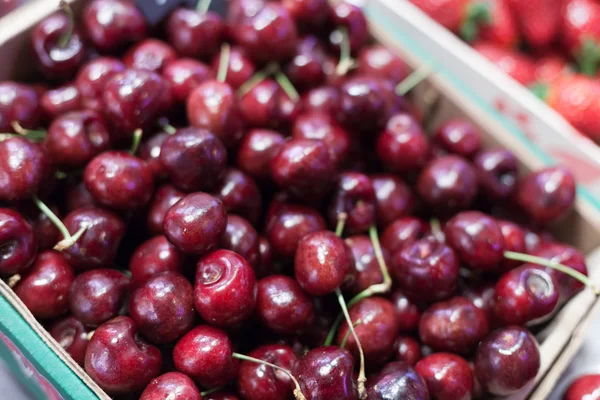 Close-up of cherries for sale at a market stall, La Boqueria Market, Barcelona, Catalonia, Spain