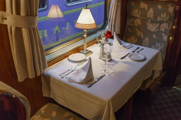 Dining table in first class train car