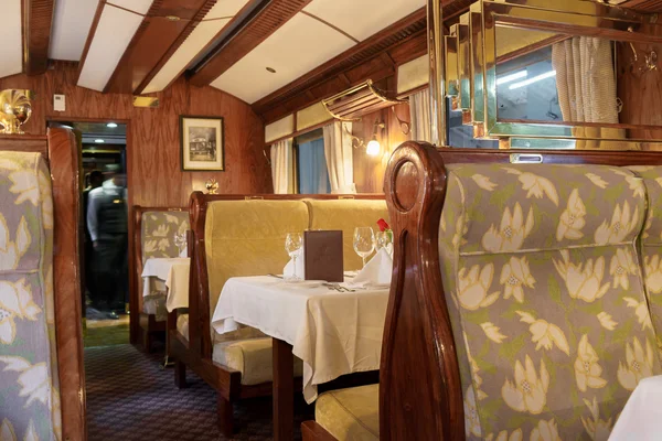 Dining table in first class train car