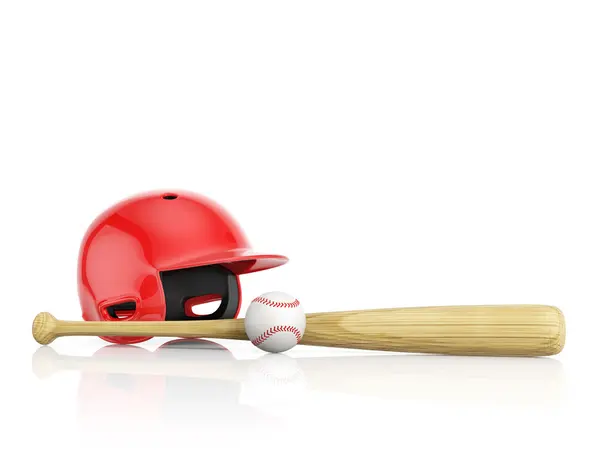 A red baseball helmet, wooden bat and white leather ball on a wh