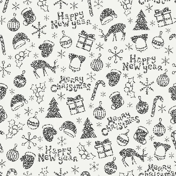 Merry Christmas and Happy New Year 2017. Christmas season hand drawn seamless pattern. Vector illustration. Doodle style. Decorations. Winter holiday backgrounds for design. Deer, snowflakes, Santa