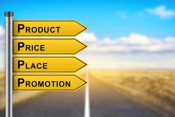 Product price place promotion marketing concept words on yellow