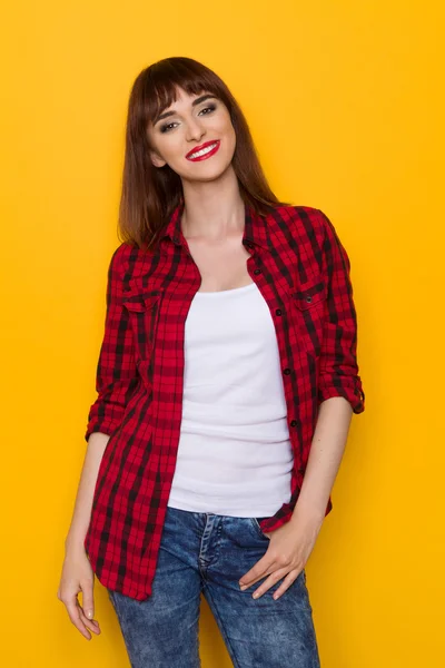 Smiling Casual Girl In Red Lumberjack Shirt