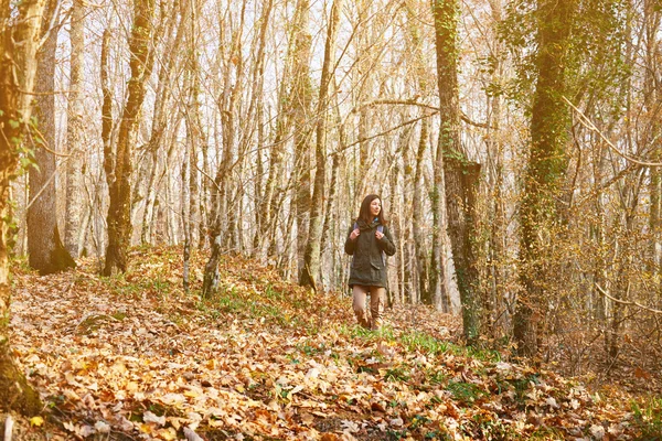 Hiker woman walking in forest