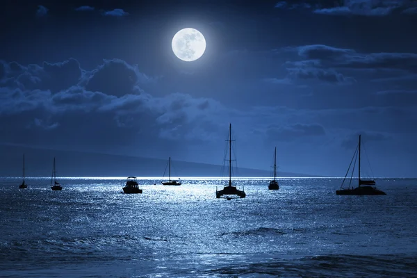 This dramatic photo illustration of a nighttime sky over a calm ocean scene in Maui, Hawaii with brightly lit clouds, a large, full, Blue Moon, calm waves, and sparkling reflections would make a great background for many travel or vacation uses