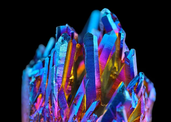Quartz Rainbow Titanium aura crystal cluster on black background