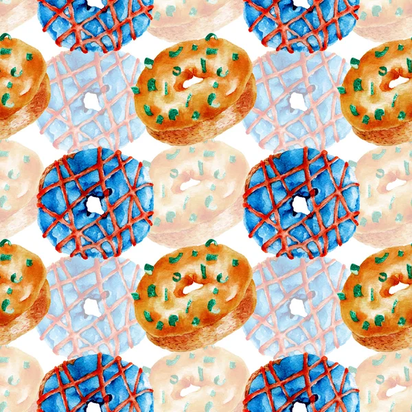 与美味甜甜圈的无缝模式。水彩插图 - 图库照片