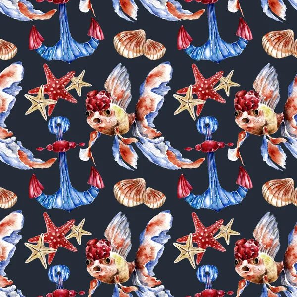 Seamless pattern with sea shells, anchor and gold fish. Watercolor illustration.