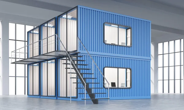 A block of six blue cabins with offices inside, ladder leading to the top one. Panoramic window at the background. Side view. Concept of a new start. 3D rendering