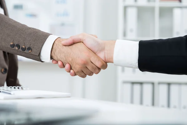 Businesspeople shaking hands on blurry office background. Closeup