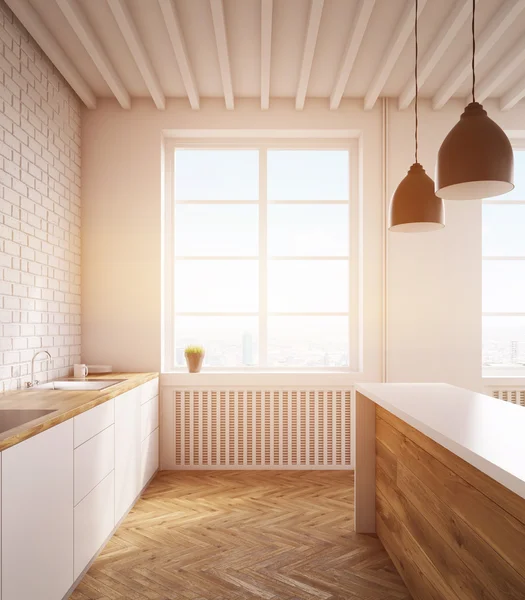 Kitchen with counter and sink. Large window with potted plant in background. Concept of home gathering. 3d rendering. Toned image