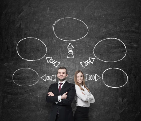 Confident business couple. A concept of the teamwork and future perspectives. A flowchart of the possible paths of business development are drawn on the background wall.
