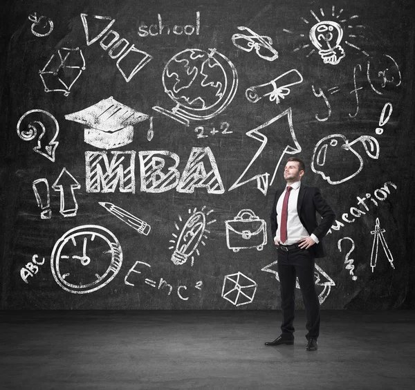 Senior manager is going to get the master's degree in business administration. A concept of the MBA degree. Drawn educational icons on the chalkboard.