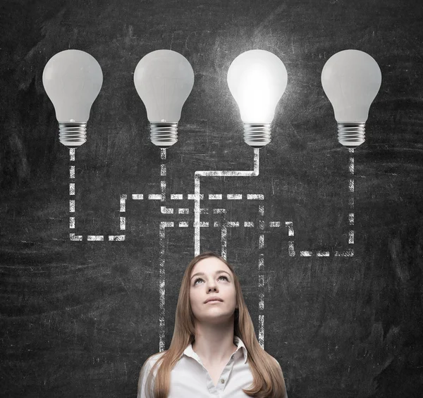 Beautiful woman is thinking about business management process. Lightbulbs as a concept of the best business idea.