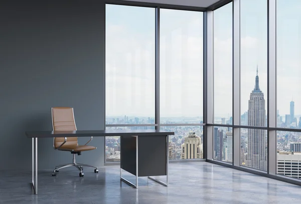 A workplace in a modern corner panoramic office in New York, Manhattan. A brown leather chair and a black table. A concept of financial consulting services. 3D rendering.