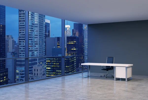 A workplace in a modern corner panoramic office with New York evening view. A black leather chair and a white table. A concept of financial consulting services. 3D rendering.