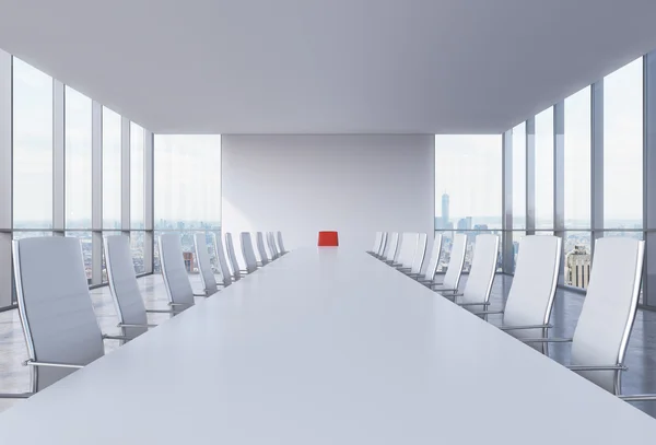 Panoramic conference room in modern office in New York City. White chairs and a white table. A red chair in a head of the table. 3D rendering.