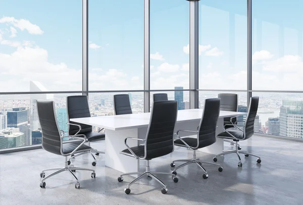 Panoramic conference room in modern office in New York City. Black chairs and a white table. 3D rendering.