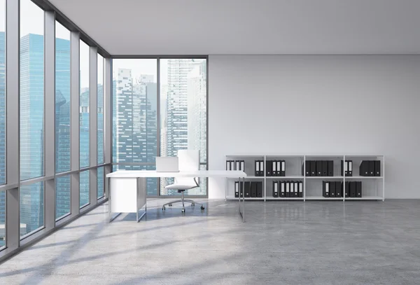 A CEO workplace in a modern corner panoramic office with Singapore city view. A white desk with a laptop, white leather chair and a bookshelf with black document folders. 3D rendering.