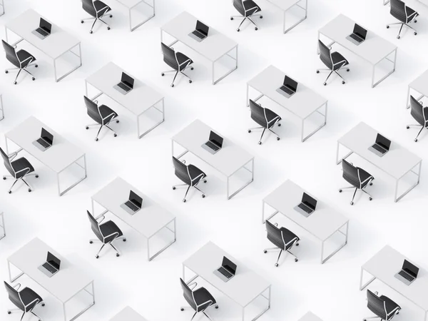 A top view of the symmetric corporate workplaces on white floor. A concept of corporate life in a huge transnational company. Black leather chairs, white tables and modern laptops. 3D rendering.