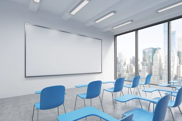 A classroom or presentation room in a modern university or fancy office. Blue chairs, a whiteboard on the wall and panoramic windows with New York view. 3D rendering.