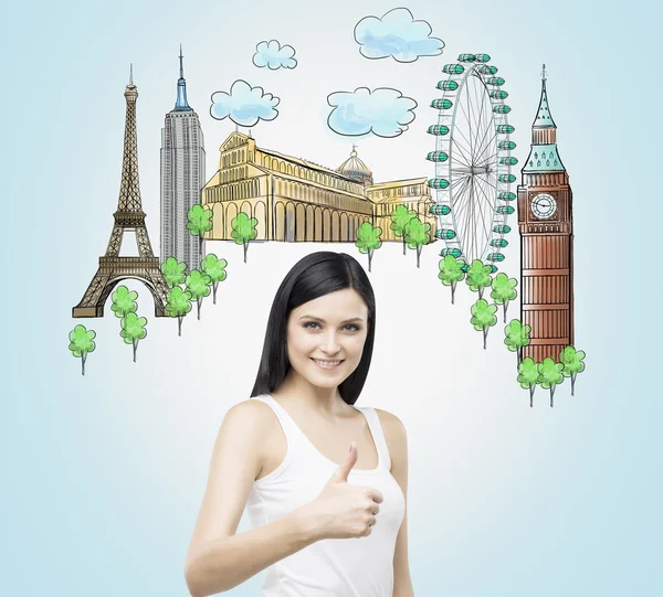 Beautiful woman with thumb up. Sketches of the most famous places on the light blue background. The concept of tourism and sightseeing.