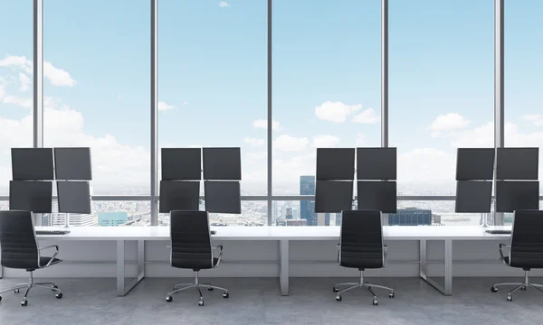 A modern trader\'s workplaces in a bright modern open space office. White tables equipped with modern trader\'s stations and black chairs. New York in the panoramic windows. 3D rendering.