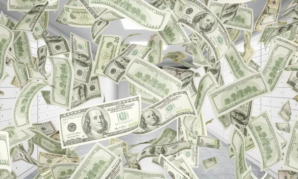 Dollar notes are falling down from ceiling. A bright space with safe deposit boxes are on the background. 3D rendering.
